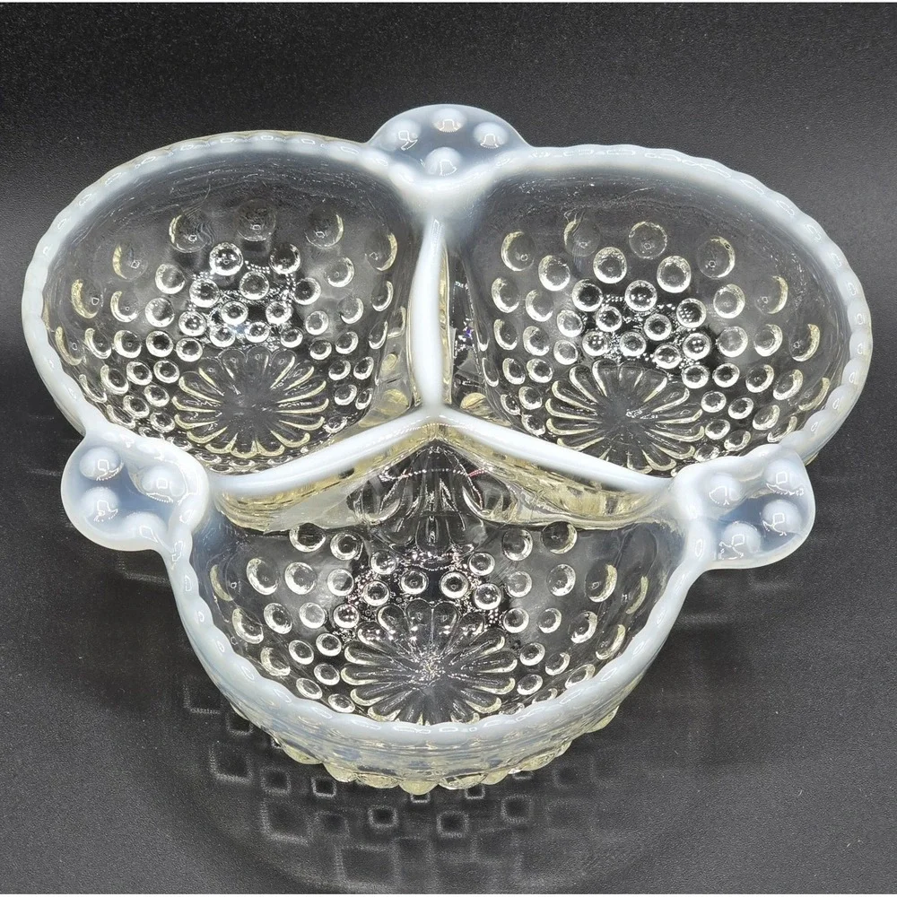 VTG Fenton Opalescent Hobnail Moonstone Divided Relish‎ Dish 3 Compartment 6.5in